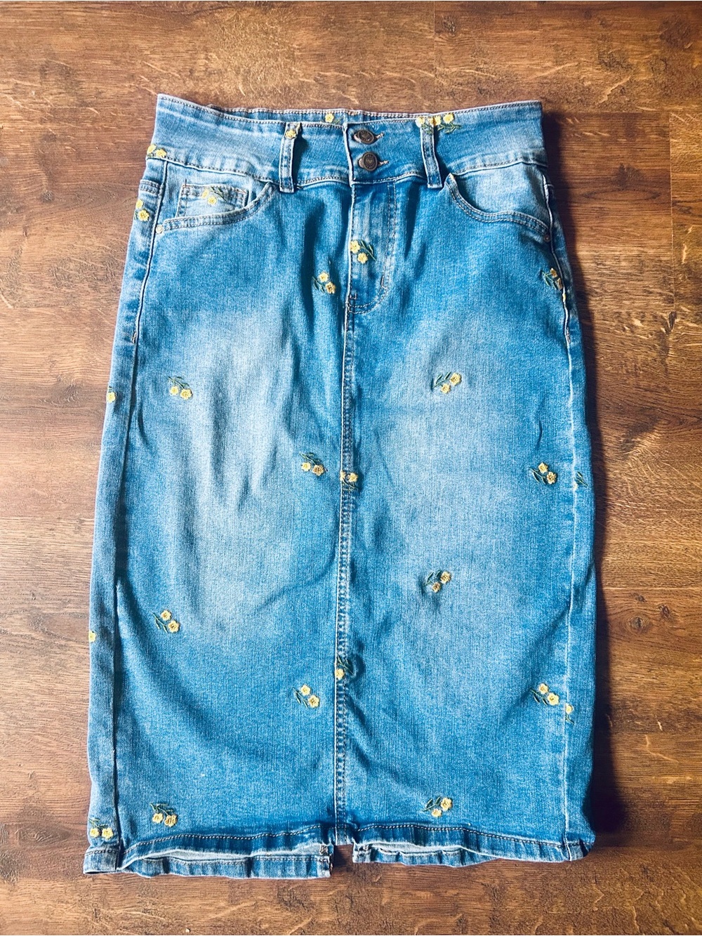Tala Jeans Floral Embroidered Blue Denim Midi Pencil Skirt